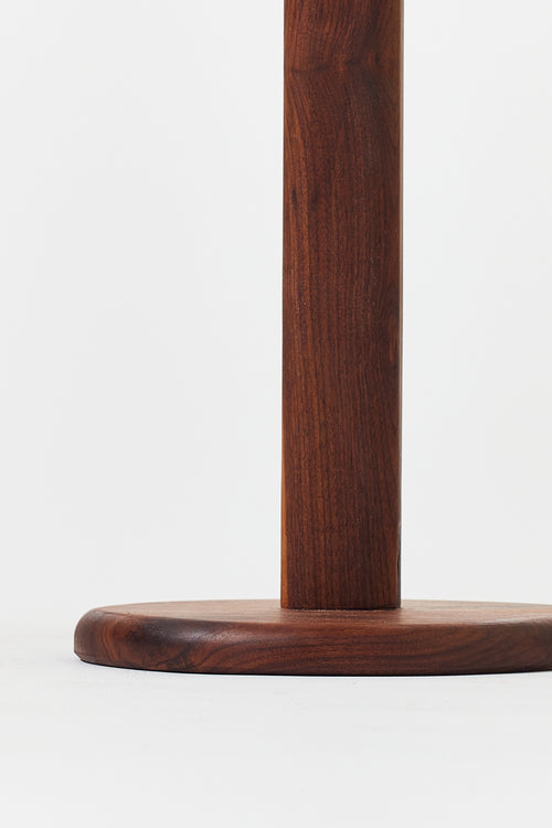 Florian Side Table with large top in solid walnut, alternate view. Handmade round wooden pedestal side table by Phillip's Daughter