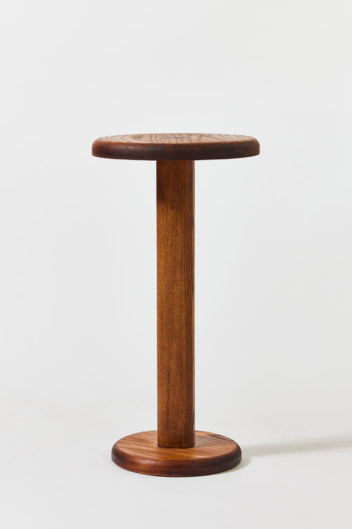 Florian Table with small top in Caramel Ash. Handmade round wooden pedestal side table by Phillip's Daughter
