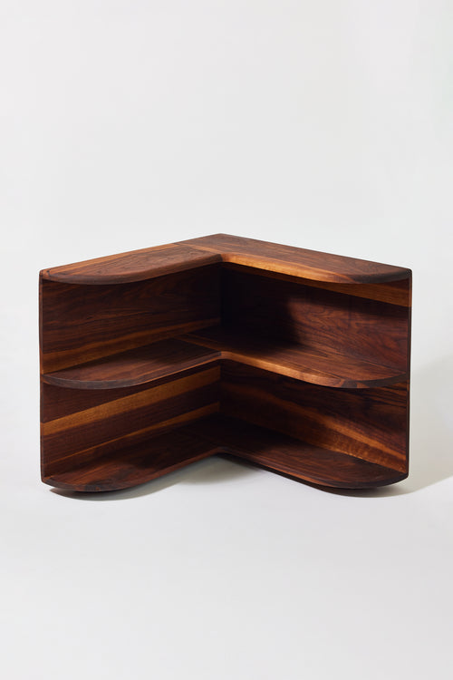 Cornelius Corner Shelf in solid walnut. Handmade wooden corner shelf by Phillip's Daughter