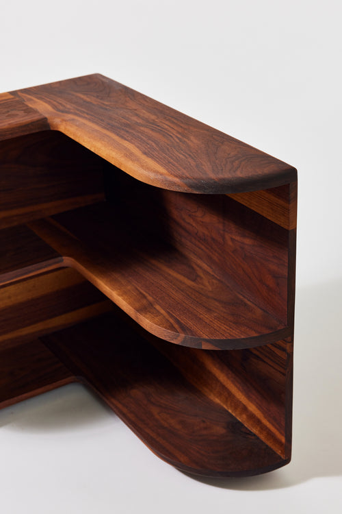 Cornelius Corner Shelf in solid walnut, alternate view. Handmade wooden corner shelf by Phillip's Daughter