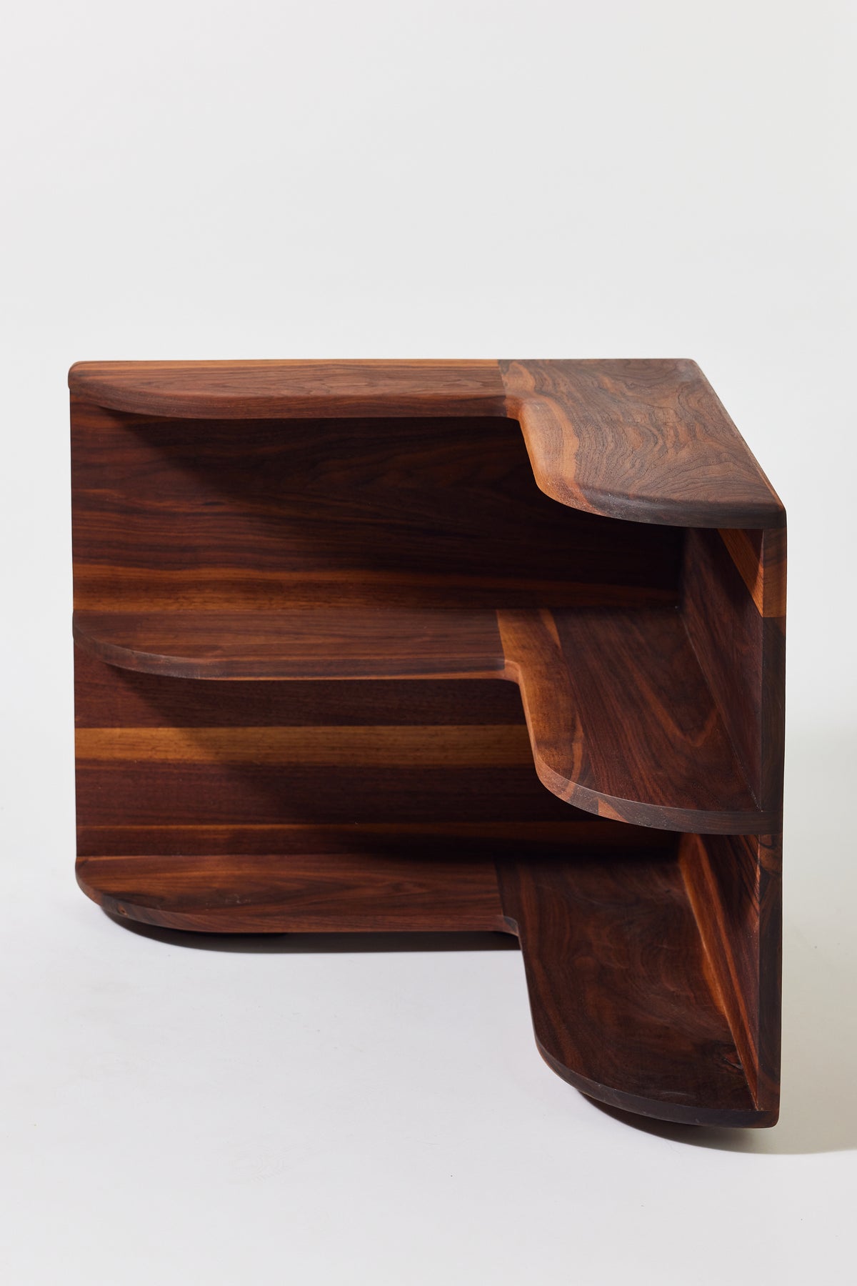 Cornelius Corner Shelf in solid walnut, detail view 3. Handmade wooden corner shelf by Phillip's Daughter