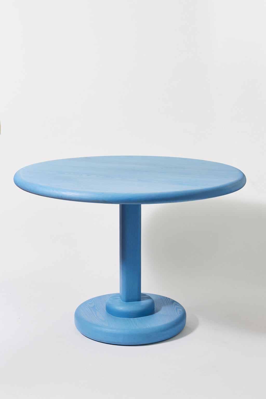 Gumdrop Pedestal Table in Light Blue Ash. Handmade 40 inch round solid ash pedestal dining table by Phillip's Daughter