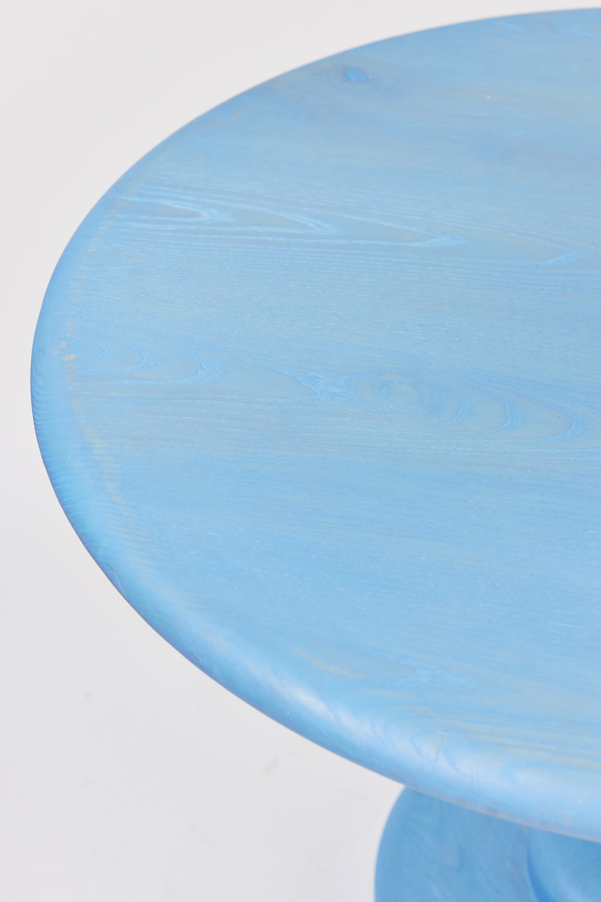 Gumdrop Pedestal Table in Light Blue Ash, alternate view. Handmade 40 inch round solid ash pedestal dining table by Phillip's Daughter