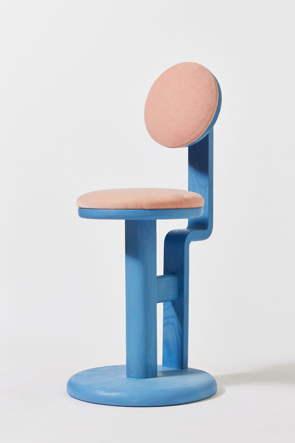 Gum Drop Chair in Light Blue Ash with Blush mohair upholstery. Handmade upholstered solid ash lounge chair by Phillip's Daughter