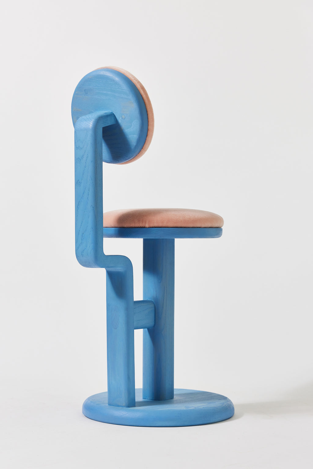 Gum Drop Chair in Light Blue Ash with Blush mohair upholstery, alternate view. Handmade upholstered solid ash lounge chair by Phillip's Daughter