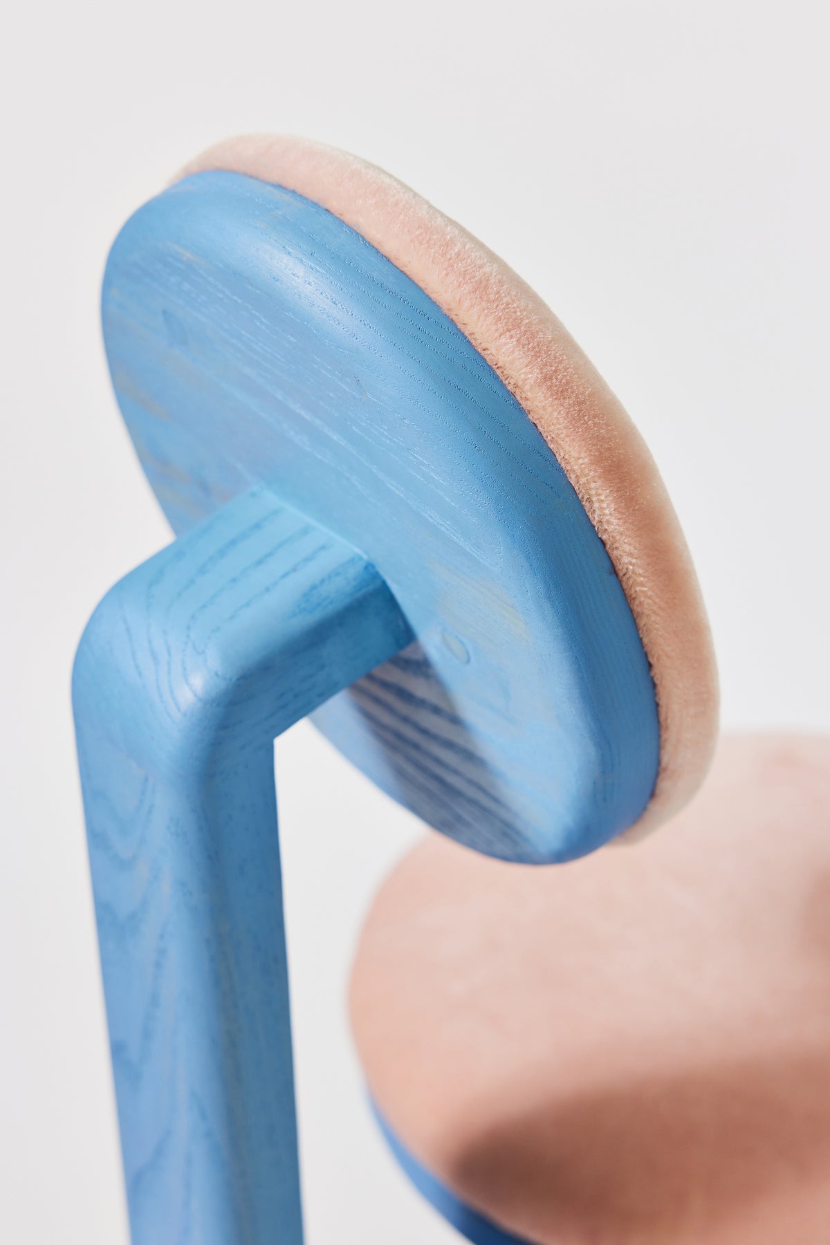 Gum Drop Chair in Light Blue Ash with Blush mohair upholstery, detail view 2. Handmade upholstered solid ash lounge chair by Phillip's Daughter