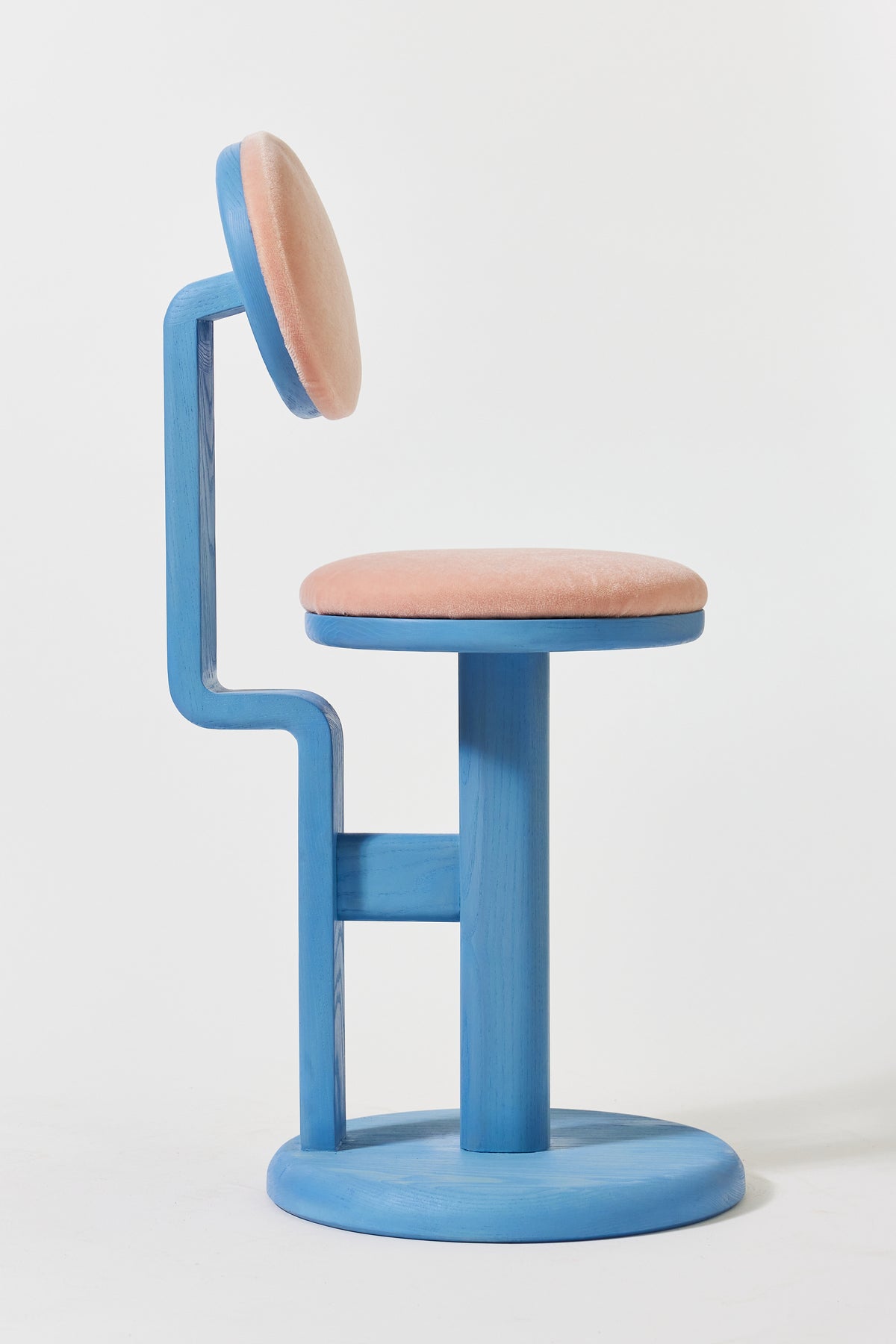 Gum Drop Chair in Light Blue Ash with Blush mohair upholstery, detail view 3. Handmade upholstered solid ash lounge chair by Phillip's Daughter