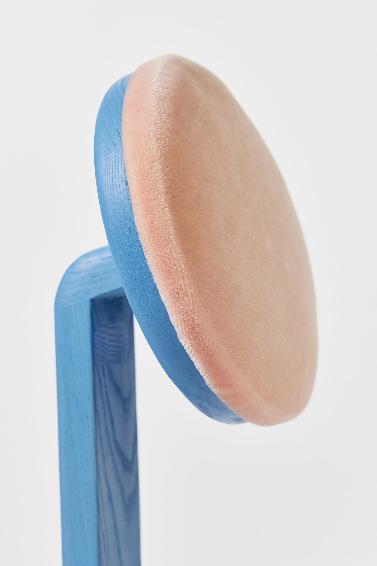 Gum Drop Chair in Light Blue Ash with Blush mohair upholstery, detail view 4. Handmade upholstered solid ash lounge chair by Phillip's Daughter