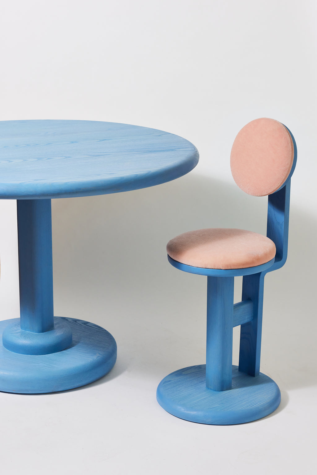 Gum Drop Chair in Light Blue Ash with Blush mohair upholstery, detail view 5. Handmade upholstered solid ash lounge chair by Phillip's Daughter