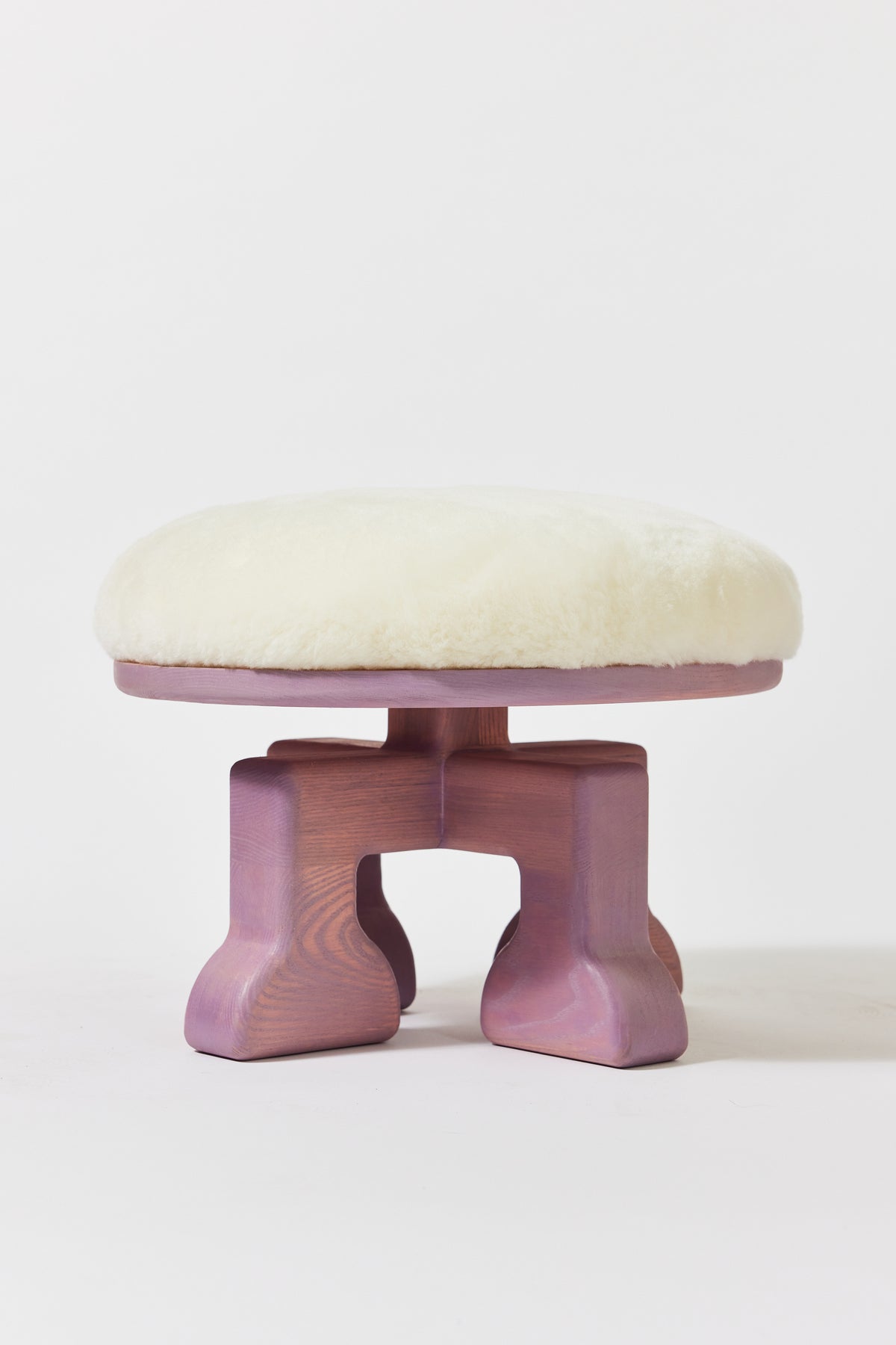 Muffin Man Stool in Light Mulberry Ash with white shearling seat. Handmade solid wood stool with shearling seat by Phillip's Daughter