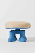 Muffin Man Stool in Light Blue Ash with putty shearling seat. Handmade solid wood stool with shearling seat by Phillip's Daughter