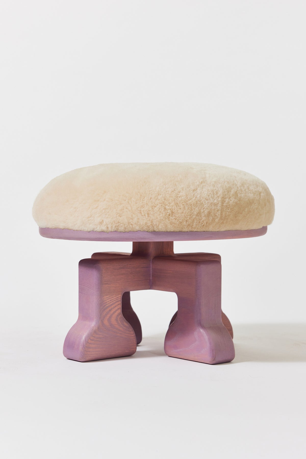 Muffin Man Stool in Light Mulberry Ash with putty shearling seat. Handmade solid wood stool with shearling seat by Phillip's Daughter