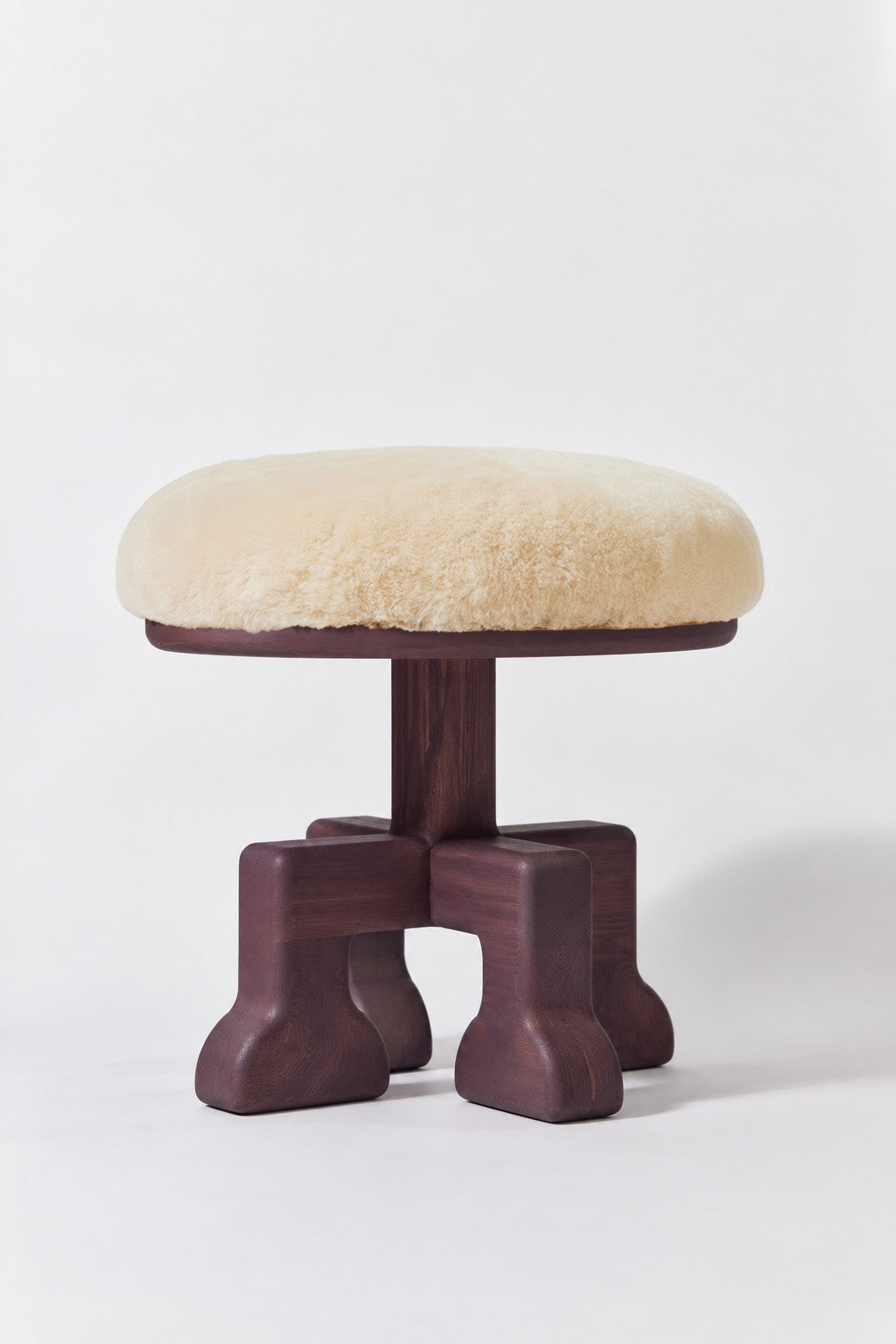 Muffin Man Tall stool in Eggplant Ash with putty shearling seat. Handmade tall solid wood stool with shearling seat by Phillip's Daughter