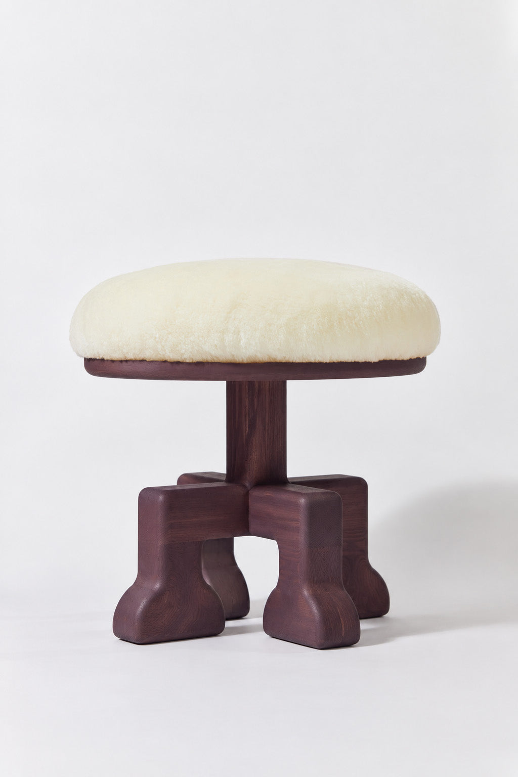 Muffin Man Tall stool in Eggplant Ash with white shearling seat. Handmade tall solid wood stool with shearling seat by Phillip's Daughter