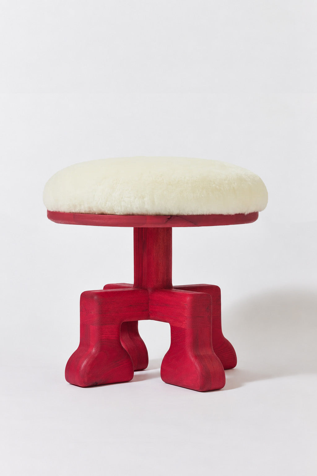 Muffin Man Tall stool in Raspberry Pink Ash with white shearling seat. Handmade tall solid wood stool with shearling seat by Phillip's Daughter