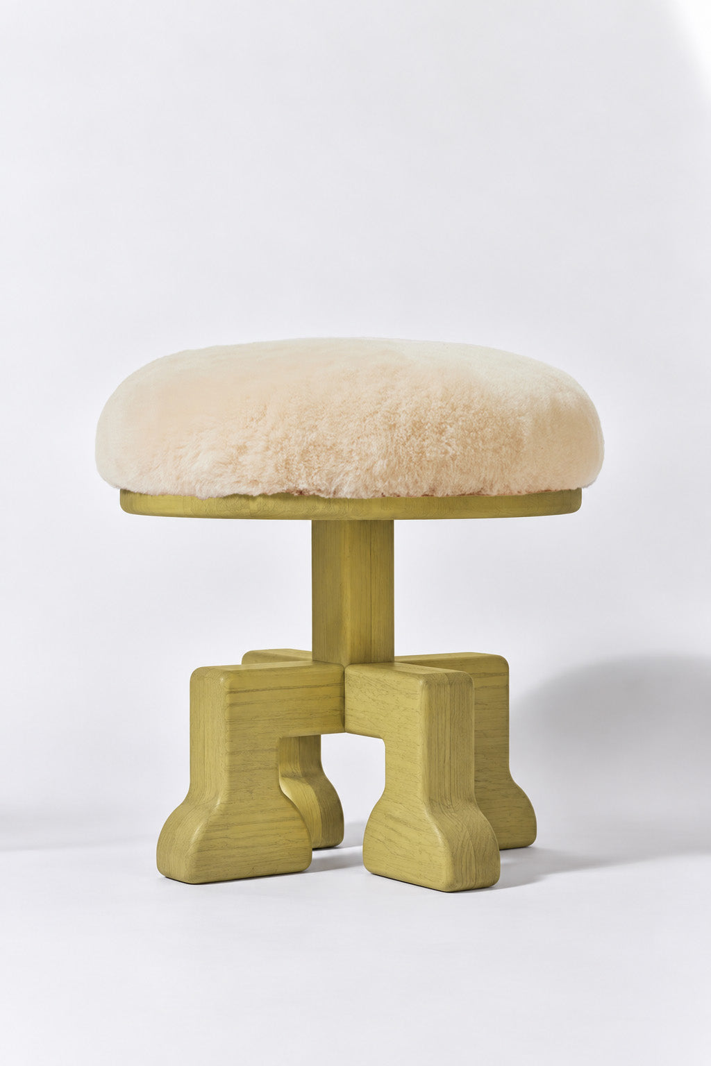 Muffin Man Tall stool in Sulfur Yellow Ash with putty shearling seat. Handmade tall solid wood stool with shearling seat by Phillip's Daughter