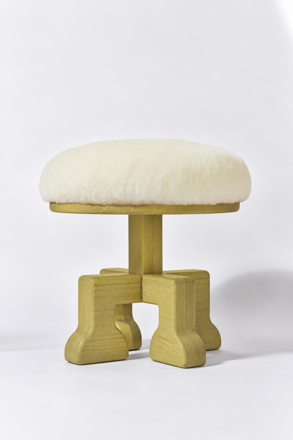 Muffin Man Tall stool in Sulfur Yellow Ash with white shearling seat. Handmade tall solid wood stool with shearling seat by Phillip's Daughter