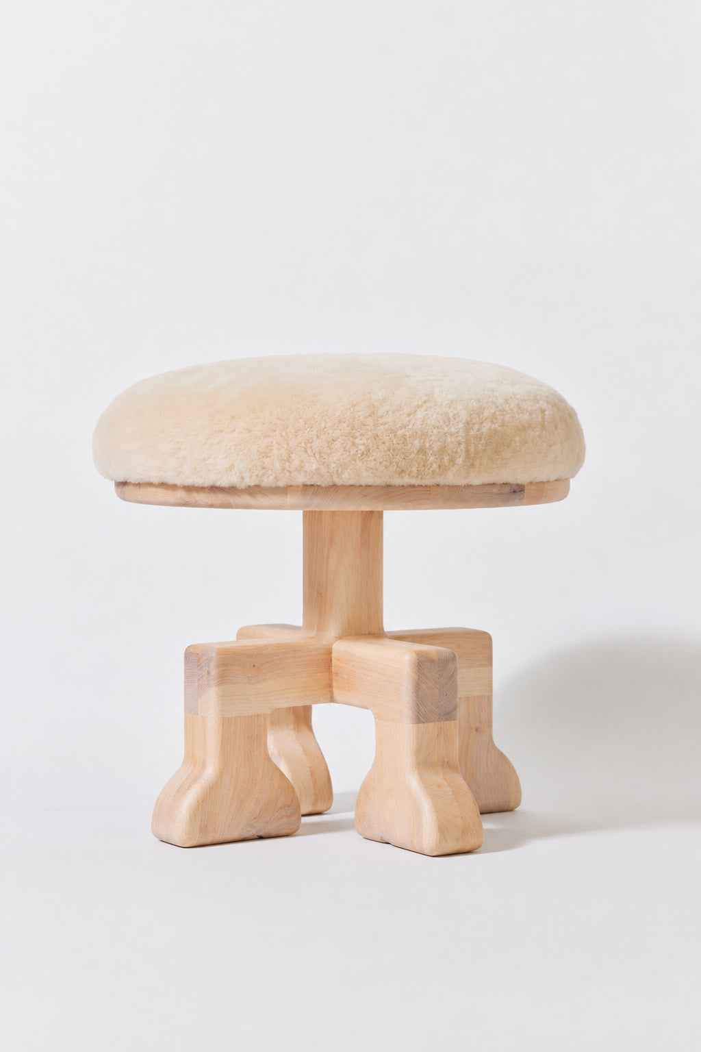 Muffin Man Tall stool in Chalk Ash with putty shearling seat. Handmade tall solid wood stool with shearling seat by Phillip's Daughter