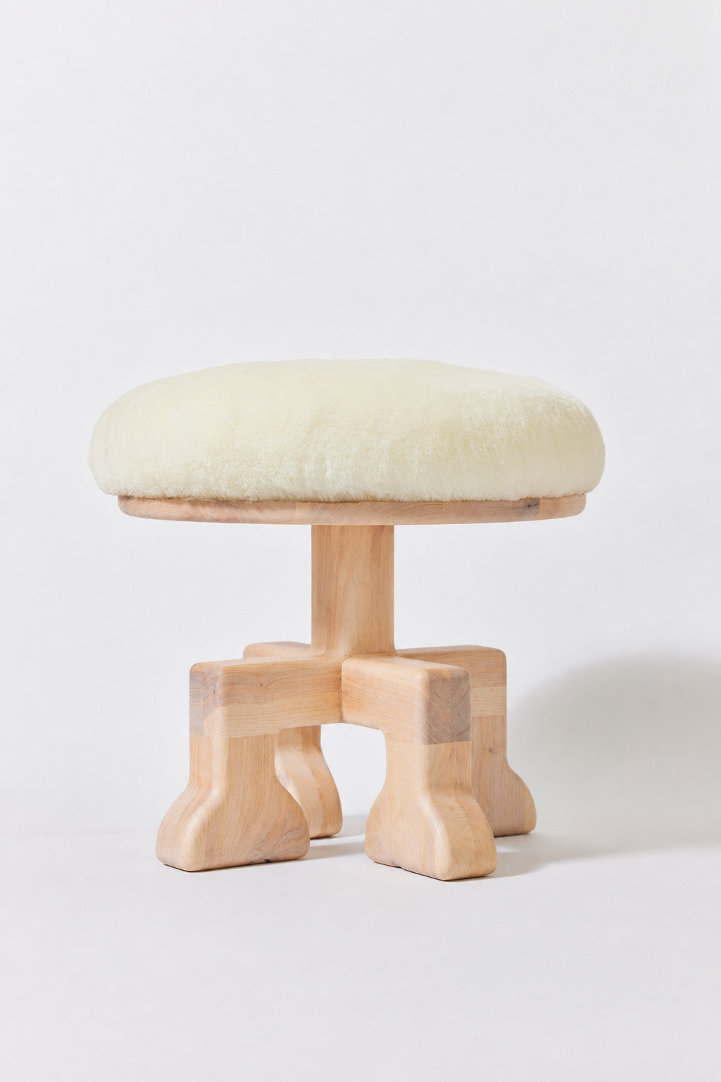Muffin Man Tall stool in Chalk Ash with white shearling seat. Handmade tall solid wood stool with shearling seat by Phillip's Daughter