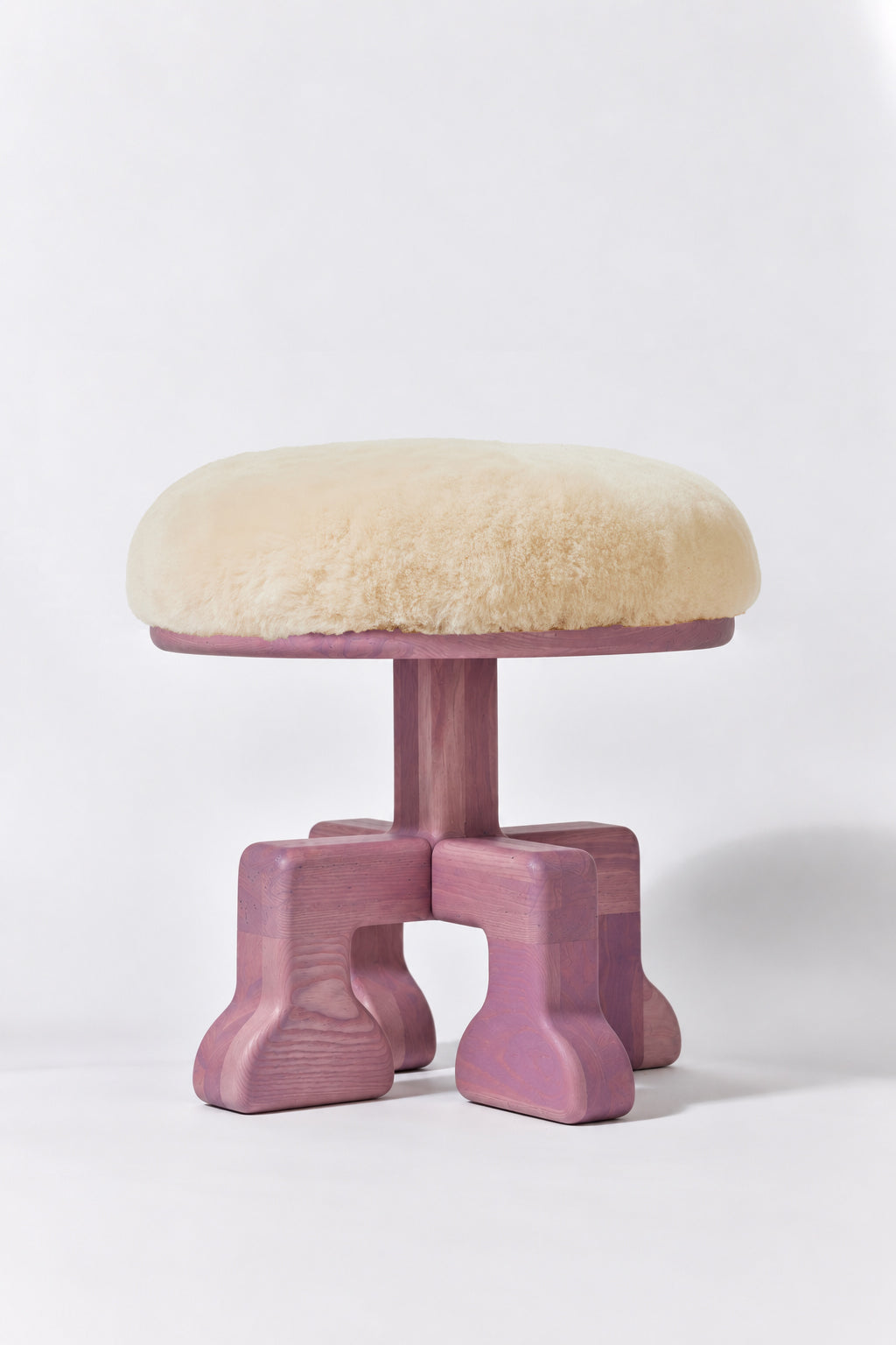 Muffin Man Tall stool in Light Mulberry Ash with putty shearling seat. Handmade tall solid wood stool with shearling seat by Phillip's Daughter