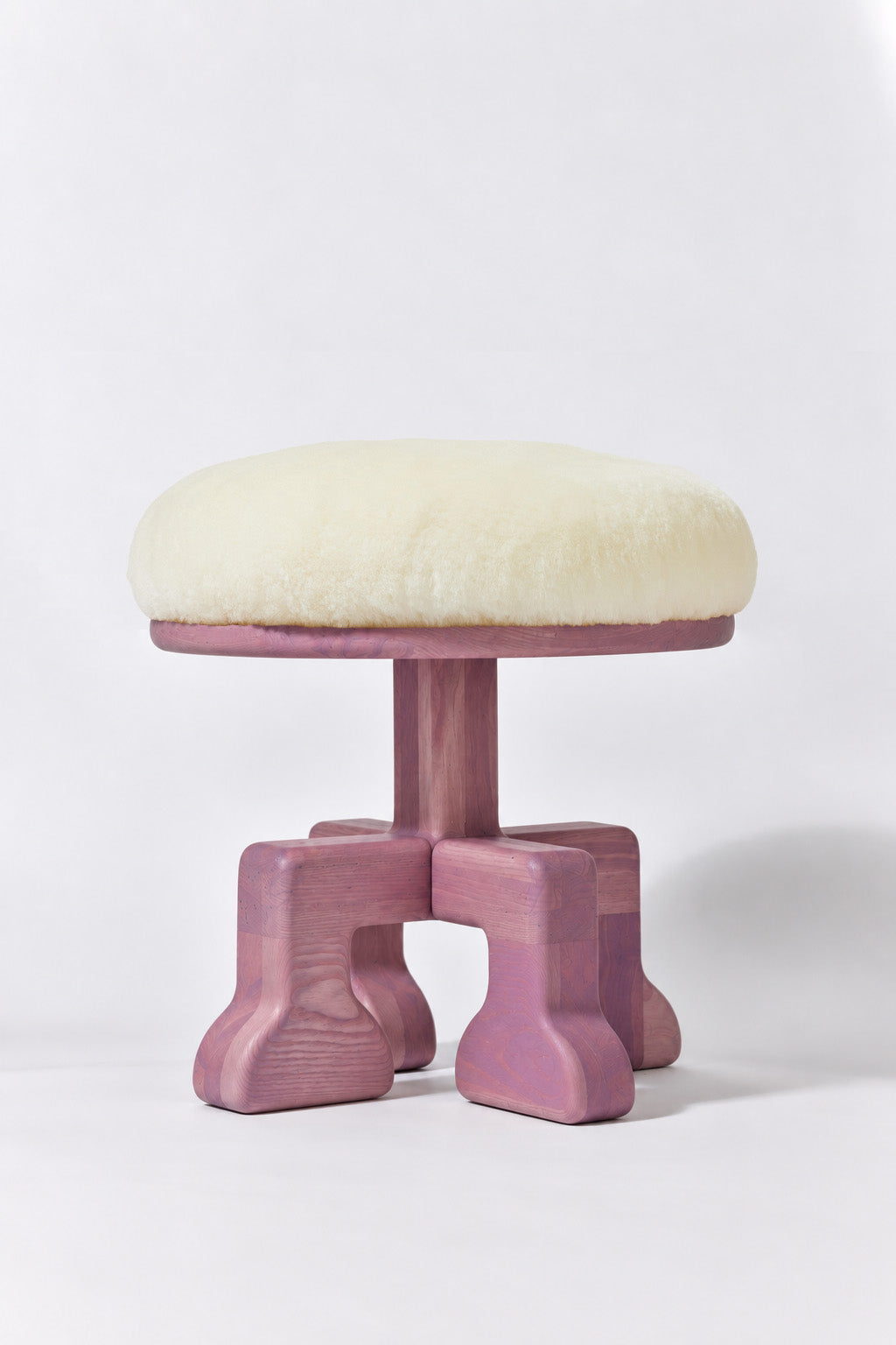 Muffin Man Tall stool in Light Mulberry Ash with white shearling seat. Handmade tall solid wood stool with shearling seat by Phillip's Daughter
