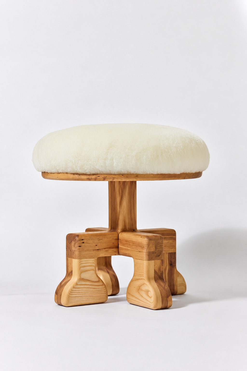 Muffin Man Tall stool in Natural Ash with white shearling seat. Handmade tall solid wood stool with shearling seat by Phillip's Daughter