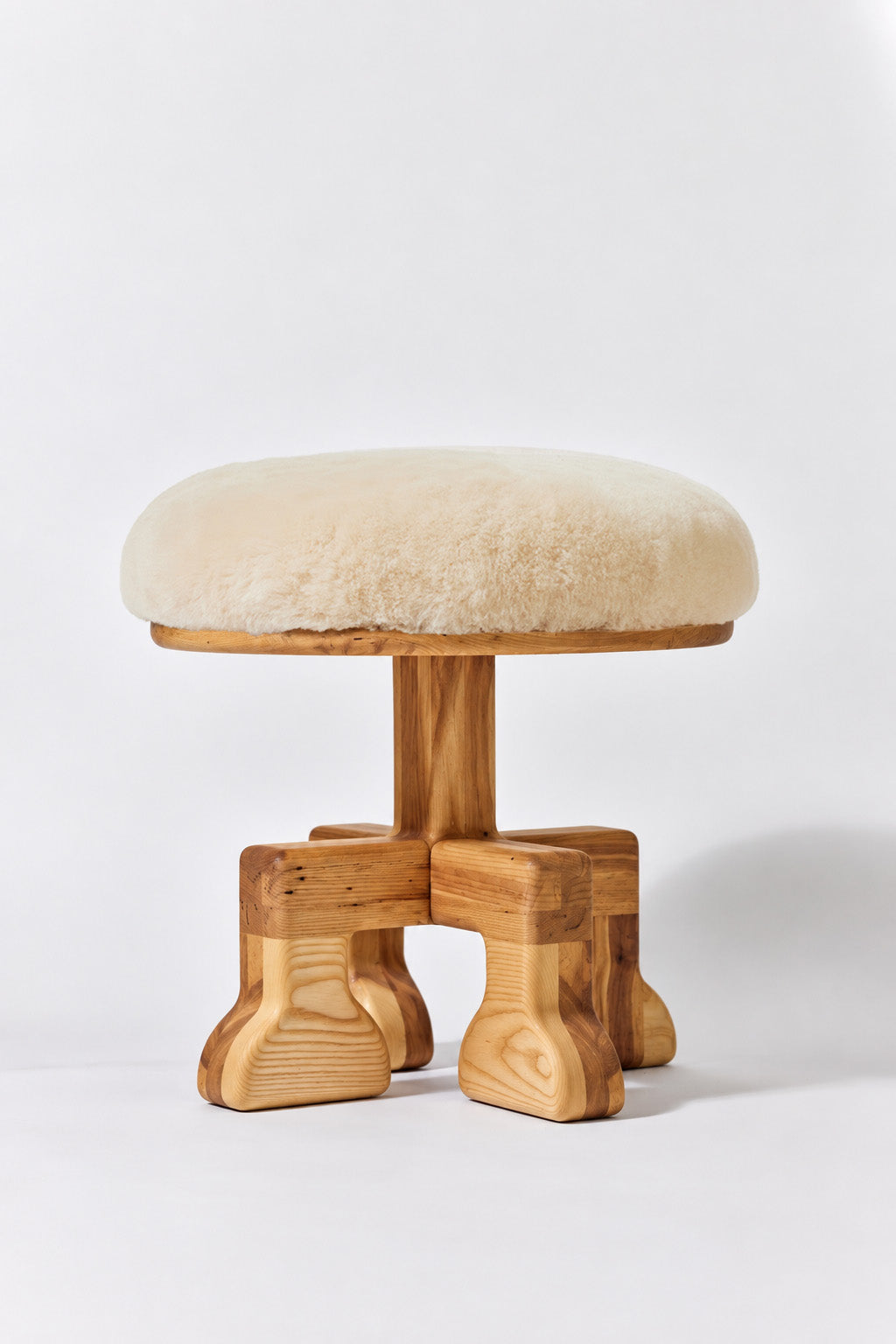 Muffin Man Tall stool in Natural Ash with putty shearling seat. Handmade tall solid wood stool with shearling seat by Phillip's Daughter