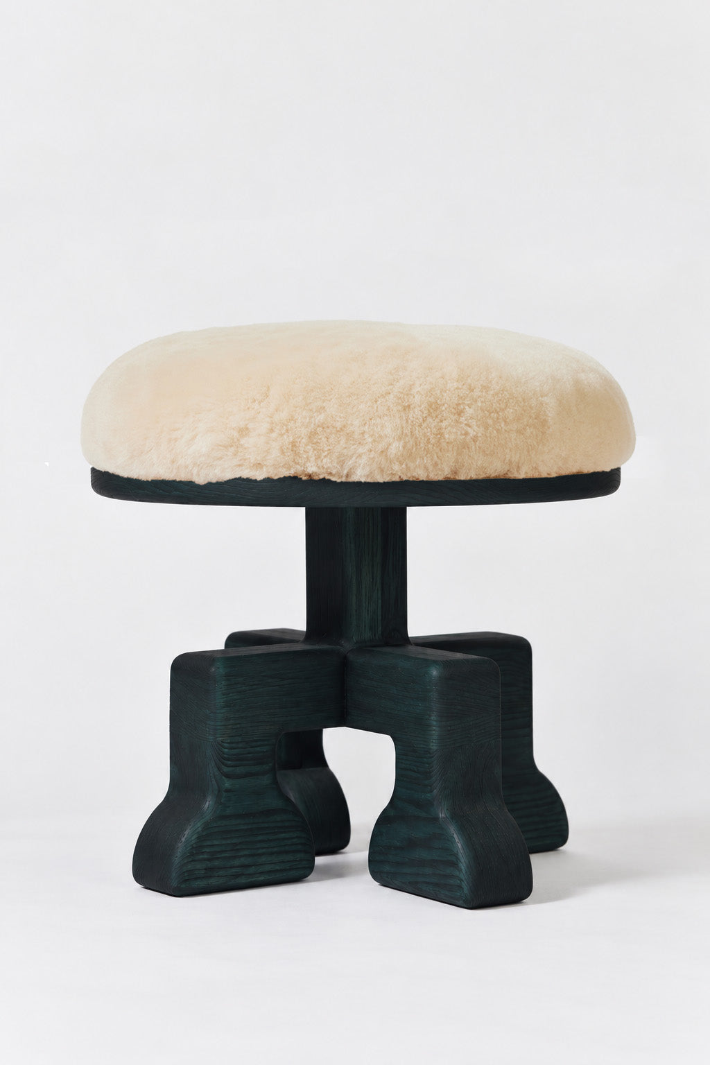 Muffin Man Tall stool in Midnight Green Ash with putty shearling seat. Handmade tall solid wood stool with shearling seat by Phillip's Daughter