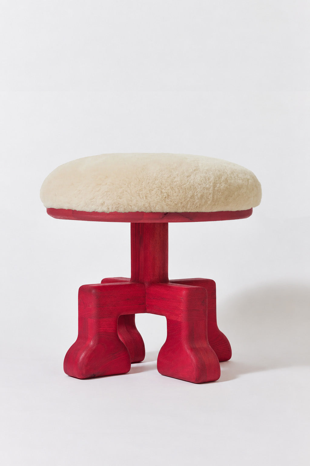 Muffin Man Tall stool in Raspberry Pink Ash with putty shearling seat. Handmade tall solid wood stool with shearling seat by Phillip's Daughter