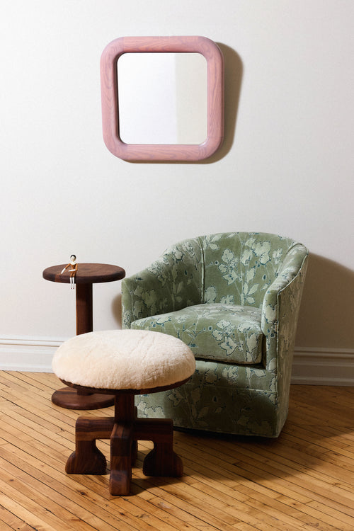 Gogo Mirror with Light Mulberry Ash wood frame, alternate view. Handmade solid ash wall mirror by Phillip's Daughter